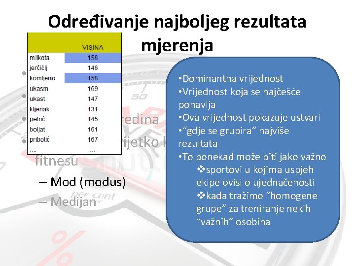 Određivanje najboljeg rezultata mjerenja • • Maksimum • Dominantna vrijednost • Vrijednost koja se