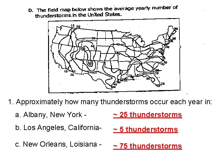 1. Approximately how many thunderstorms occur each year in: a. Albany, New York -