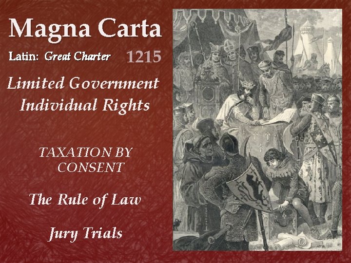 Magna Carta Latin: Great Charter 1215 Limited Government Individual Rights TAXATION BY CONSENT The