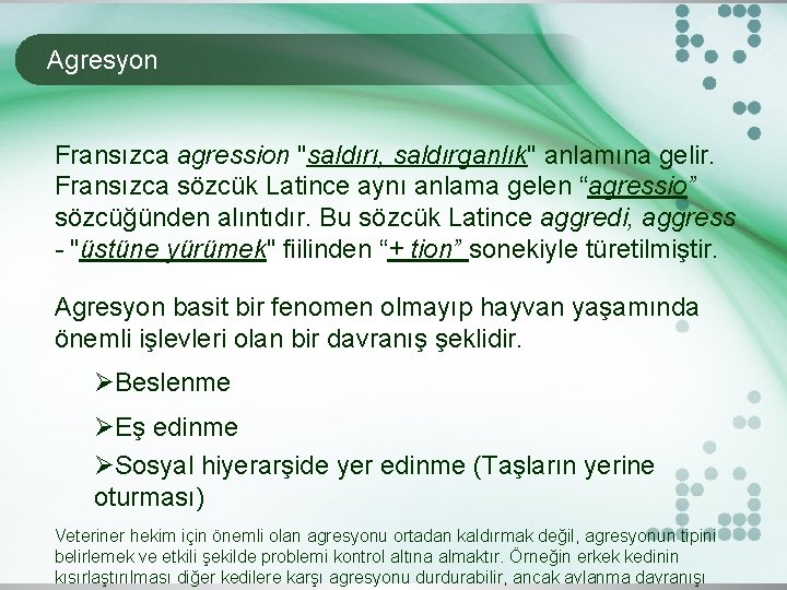 Agresyon Fransızca agression "saldırı, saldırganlık" anlamına gelir. Fransızca sözcük Latince aynı anlama gelen “agressio”