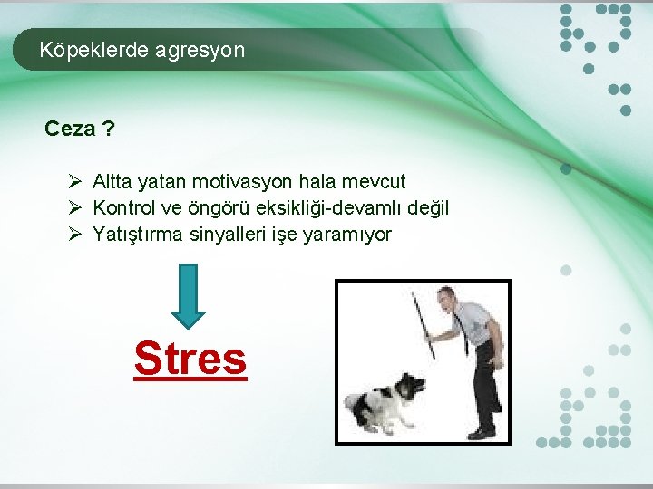 Köpeklerde agresyon Ceza ? Ø Altta yatan motivasyon hala mevcut Ø Kontrol ve öngörü