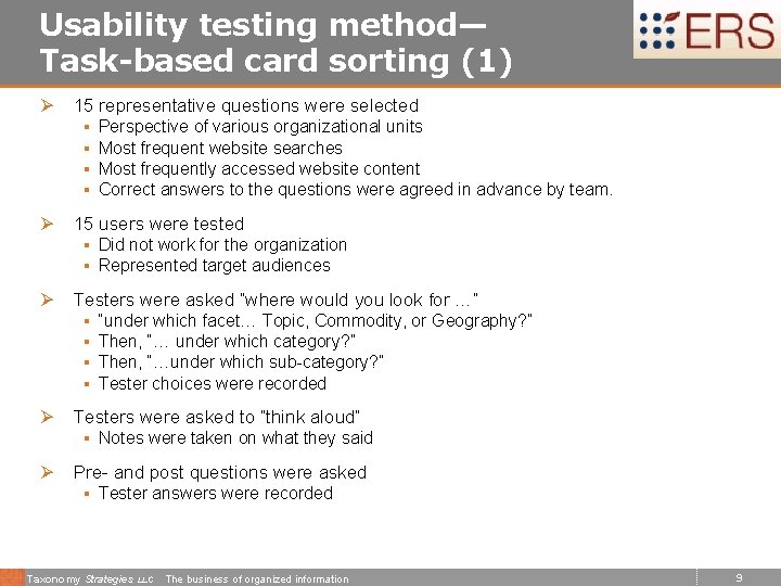 Usability testing method— Task-based card sorting (1) Ø 15 representative questions were selected §