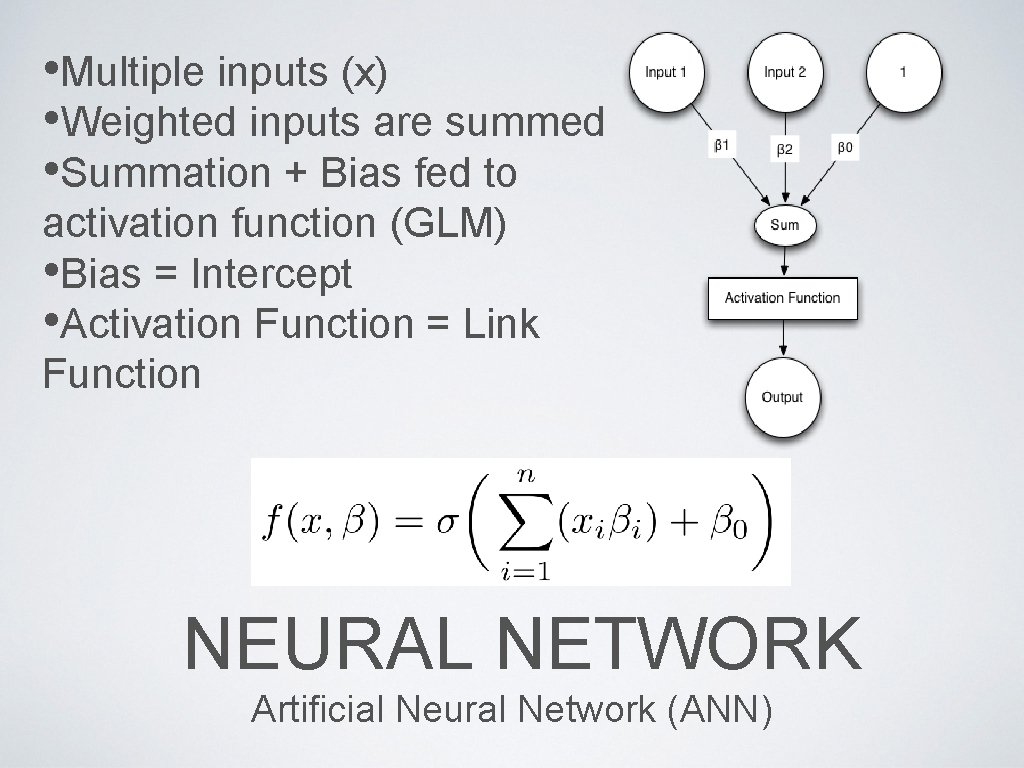  • Multiple inputs (x) • Weighted inputs are summed • Summation + Bias