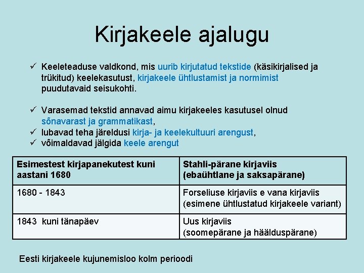 Kirjakeele ajalugu ü Keeleteaduse valdkond, mis uurib kirjutatud tekstide (käsikirjalised ja trükitud) keelekasutust, kirjakeele