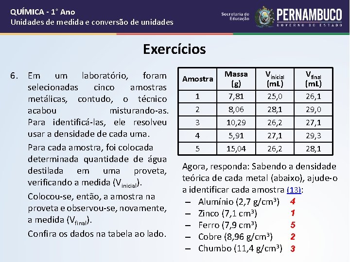 QUÍMICA - 1° Ano Unidades de medida e conversão de unidades Exercícios 6. Em