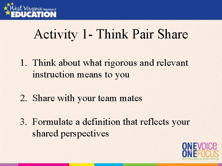 Activity 1 - Think Pair Share 1. Think about what rigorous and relevant instruction