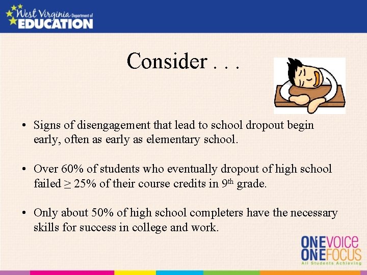 Consider. . . • Signs of disengagement that lead to school dropout begin early,