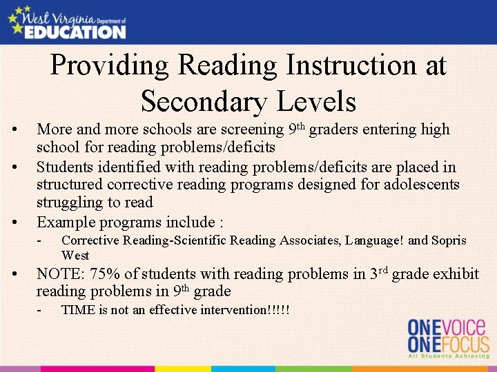 Providing Reading Instruction at Secondary Levels • • • More and more schools are