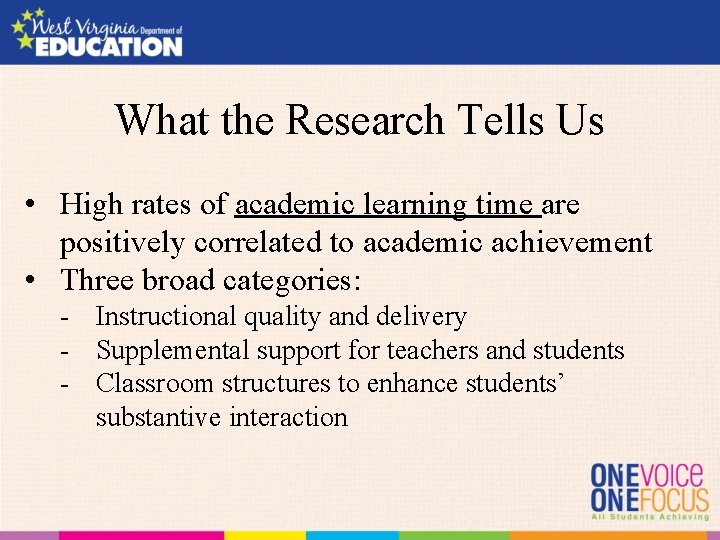 What the Research Tells Us • High rates of academic learning time are positively