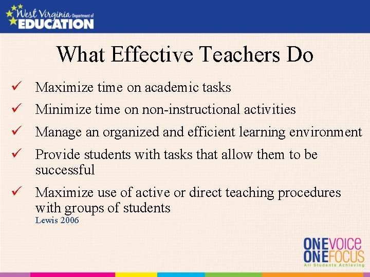 What Effective Teachers Do ü Maximize time on academic tasks ü Minimize time on