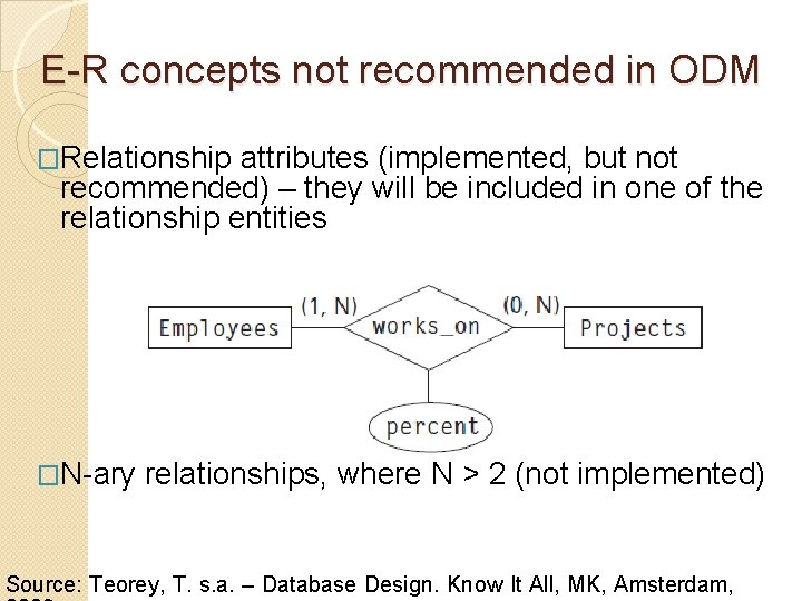 E-R concepts not recommended in ODM �Relationship attributes (implemented, but not recommended) – they