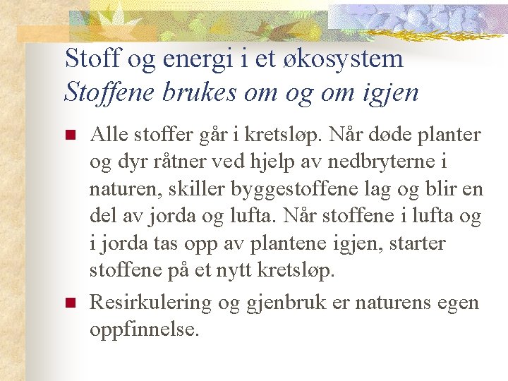 Stoff og energi i et økosystem Stoffene brukes om og om igjen n n