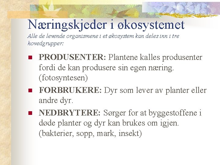 Næringskjeder i økosystemet Alle de levende organismene i et økosystem kan deles inn i