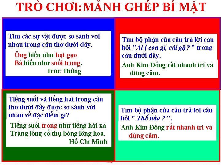 TRÒ CHƠI: MẢNH GHÉP BÍ MẬT Tìm các sự vật được so sánh với