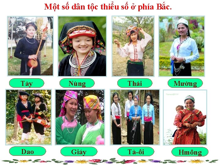 Một số dân tộc thiểu số ở phía Bắc. Tày Nùng Thái Dao Giáy