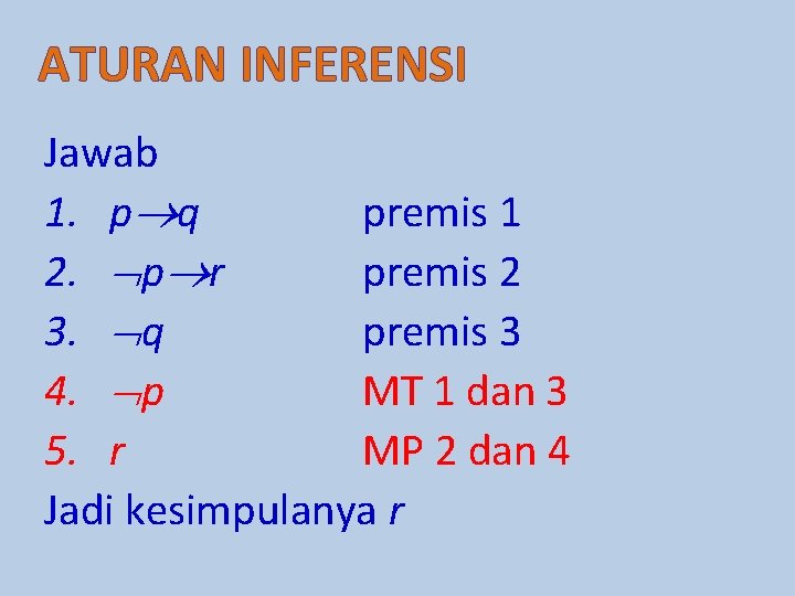 ATURAN INFERENSI Jawab 1. p q premis 1 2. p r premis 2 3.