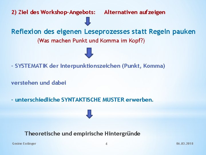 2) Ziel des Workshop-Angebots: Alternativen aufzeigen Reflexion des eigenen Leseprozesses statt Regeln pauken (Was