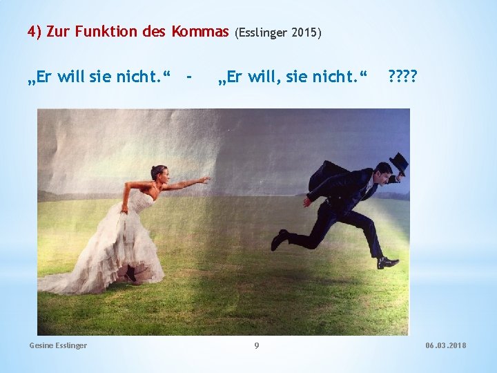 4) Zur Funktion des Kommas (Esslinger 2015) „Er will sie nicht. “ - Gesine