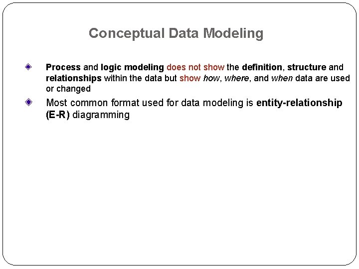 Conceptual Data Modeling Process and logic modeling does not show the definition, structure and