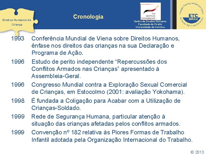 Direitos Humanos da Criança 1993 1996 1998 1999 Cronologia Centro de Direitos Humanos Faculdade