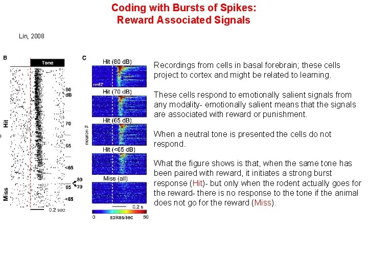 Coding with Bursts of Spikes: Reward Associated Signals Lin, 2008 Recordings from cells in