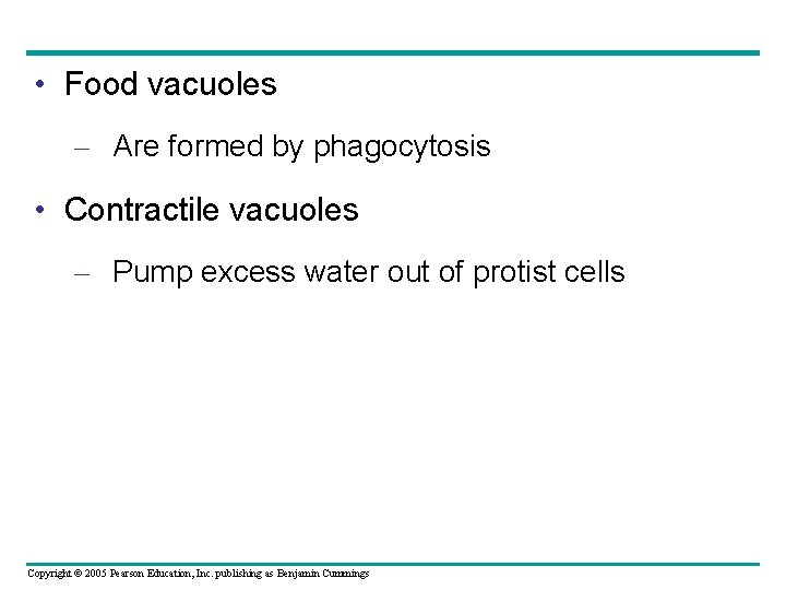 • Food vacuoles – Are formed by phagocytosis • Contractile vacuoles – Pump • Food vacuoles – Are formed by phagocytosis • Contractile vacuoles – Pump