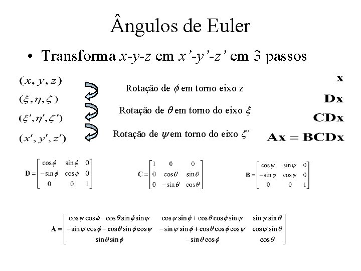  ngulos de Euler • Transforma x-y-z em x’-y’-z’ em 3 passos Rotação de