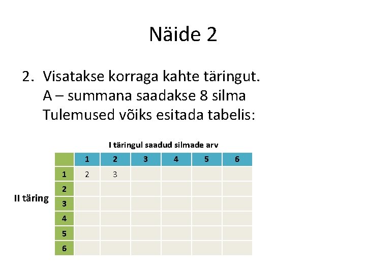 Näide 2 2. Visatakse korraga kahte täringut. A – summana saadakse 8 silma Tulemused Näide 2 2. Visatakse korraga kahte täringut. A – summana saadakse 8 silma Tulemused