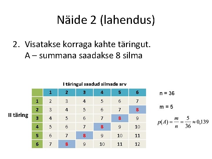 Näide 2 (lahendus) 2. Visatakse korraga kahte täringut. A – summana saadakse 8 silma Näide 2 (lahendus) 2. Visatakse korraga kahte täringut. A – summana saadakse 8 silma