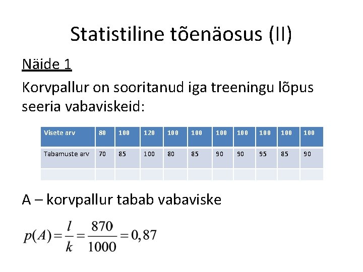 Statistiline tõenäosus (II) Näide 1 Korvpallur on sooritanud iga treeningu lõpus seeria vabaviskeid: Visete Statistiline tõenäosus (II) Näide 1 Korvpallur on sooritanud iga treeningu lõpus seeria vabaviskeid: Visete