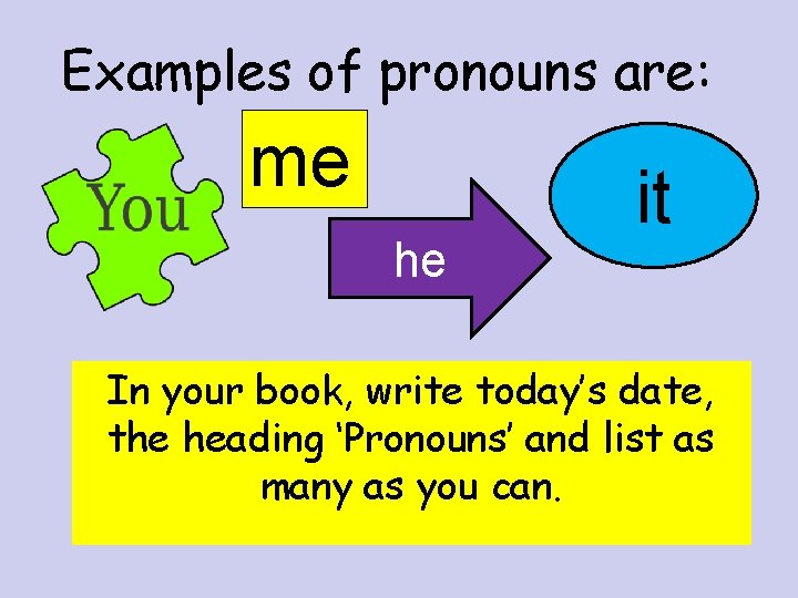 Examples of pronouns are: me he it In your book, write today’s date, the