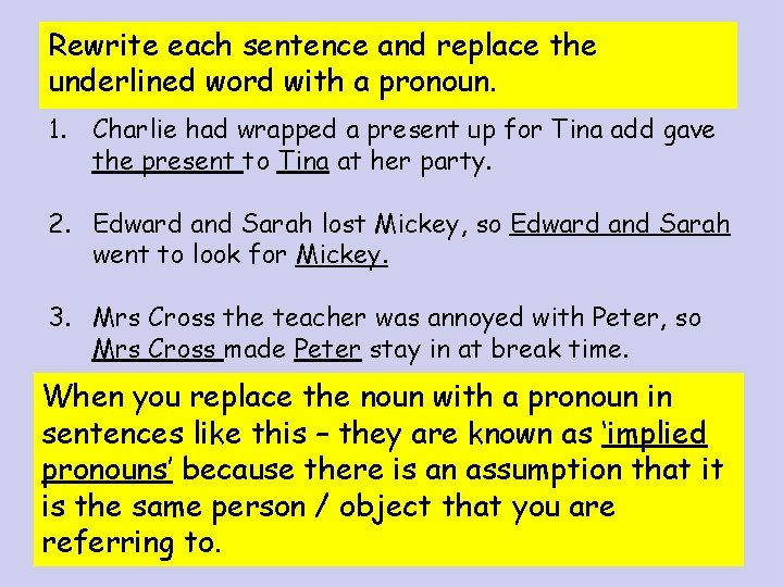 Rewrite each sentence and replace the underlined word with a pronoun. 1. Charlie had