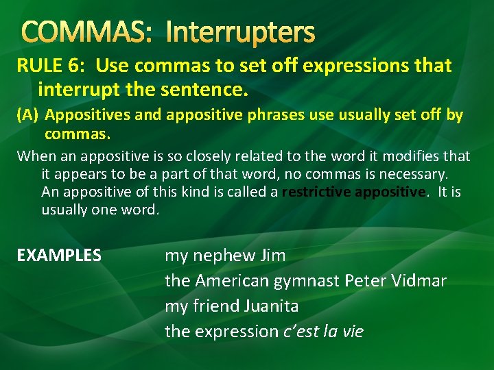 COMMAS: Interrupters RULE 6: Use commas to set off expressions that interrupt the sentence. COMMAS: Interrupters RULE 6: Use commas to set off expressions that interrupt the sentence.