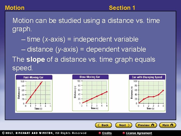 Motion Section 1 Motion can be studied using a distance vs. time graph. –