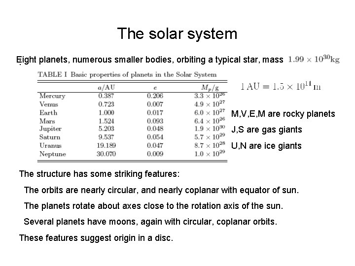 The solar system Eight planets, numerous smaller bodies, orbiting a typical star, mass :