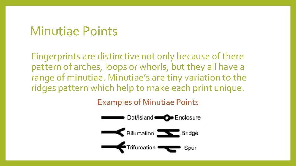 Minutiae Points Fingerprints are distinctive not only because of there pattern of arches, loops