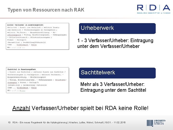 Typen von Ressourcen nach RAK Urheberwerk 1 3 Verfasser/Urheber: Eintragung unter dem Verfasser/Urheber Sachtitelwerk