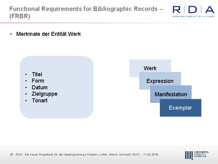 Functional Requirements for Bibliographic Records – (FRBR) • Merkmale der Entität Werk • •