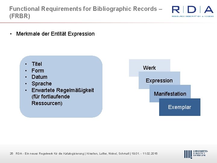 Functional Requirements for Bibliographic Records – (FRBR) • Merkmale der Entität Expression • •