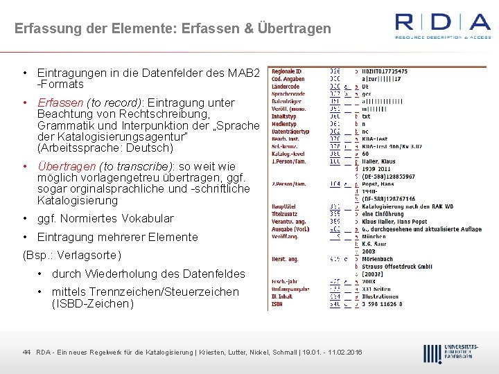 Erfassung der Elemente: Erfassen & Übertragen • Eintragungen in die Datenfelder des MAB 2