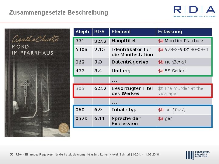 Zusammengesetzte Beschreibung Aleph RDA Element Erfassung 331 2. 3. 2 Haupttitel $a Mord im