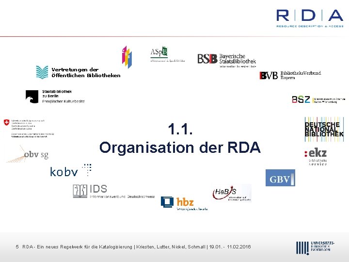 Vertretungen der Öffentlichen Bibliotheken 1. 1. Organisation der RDA 55 RDA Dr. Dietmar Ein