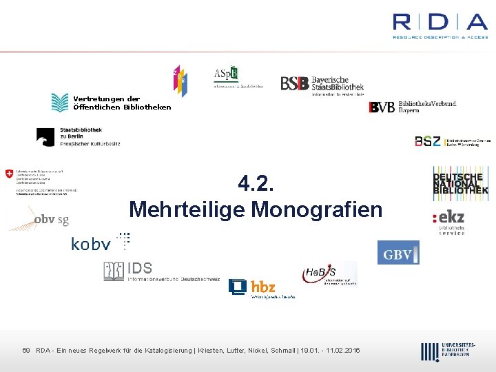 Vertretungen der Öffentlichen Bibliotheken 4. 2. Mehrteilige Monografien 69 69 RDA Dr. Dietmar Ein