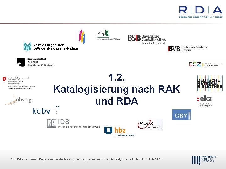 Vertretungen der Öffentlichen Bibliotheken 1. 2. Katalogisierung nach RAK und RDA 77 RDA Dr.