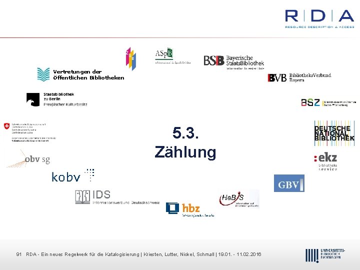 Vertretungen der Öffentlichen Bibliotheken 5. 3. Zählung 91 91 RDA Dr. Dietmar Ein neues