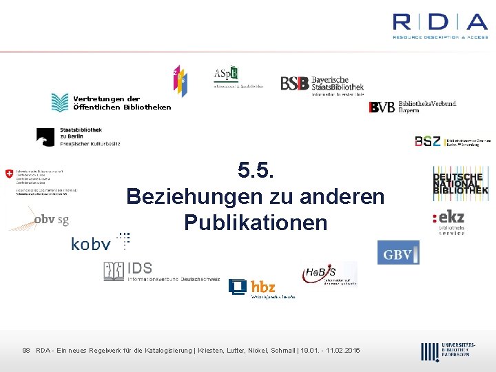 Vertretungen der Öffentlichen Bibliotheken 5. 5. Beziehungen zu anderen Publikationen 98 98 RDA Dr.