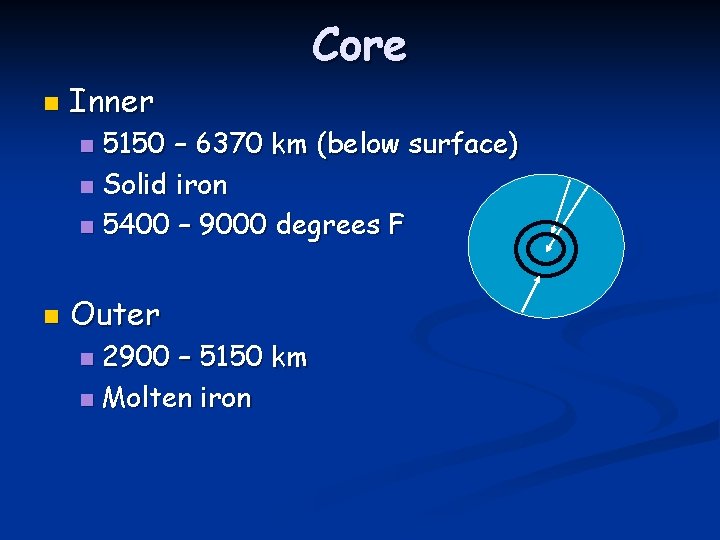 Core n Inner 5150 – 6370 km (below surface) n Solid iron n 5400 Core n Inner 5150 – 6370 km (below surface) n Solid iron n 5400