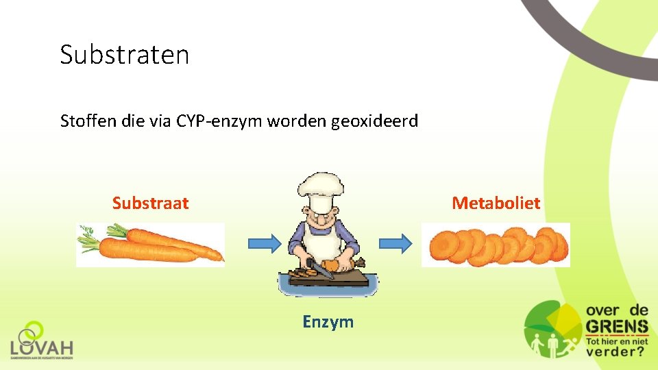 Substraten Stoffen die via CYP-enzym worden geoxideerd Substraat Metaboliet Enzym 
