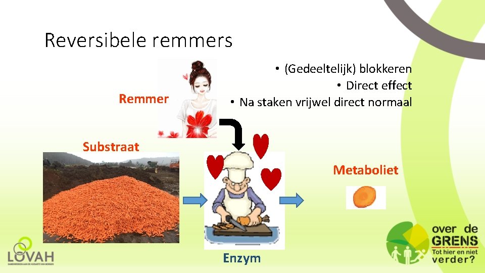 Reversibele remmers Remmer • (Gedeeltelijk) blokkeren • Direct effect • Na staken vrijwel direct