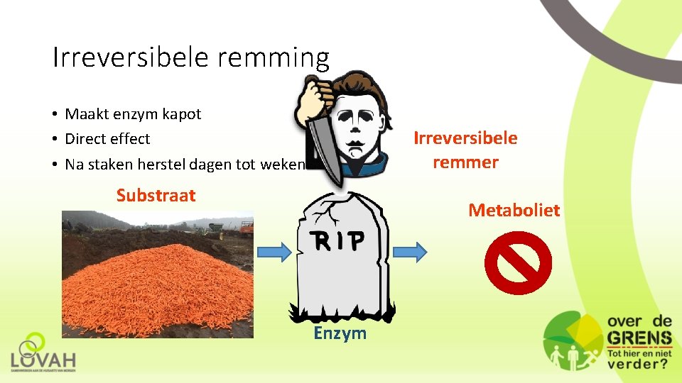 Irreversibele remming • Maakt enzym kapot • Direct effect • Na staken herstel dagen